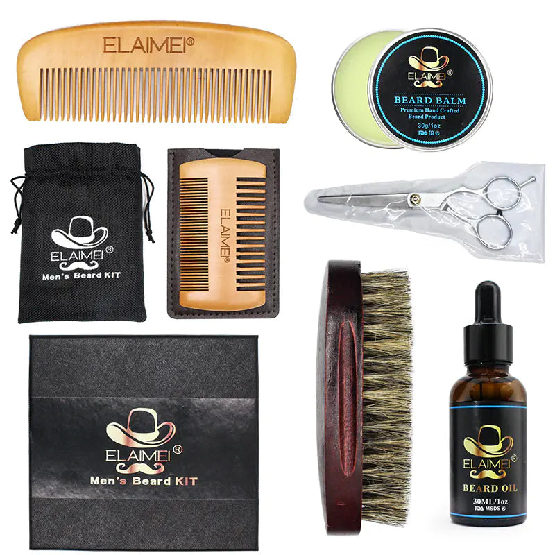 ELAIMEI Beard Care Tool Set with Comb and Oil (6 Pcs)