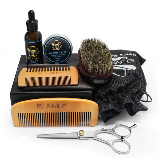 ELAIMEI Beard Care Tool Set with Comb and Oil (6 Pcs)
