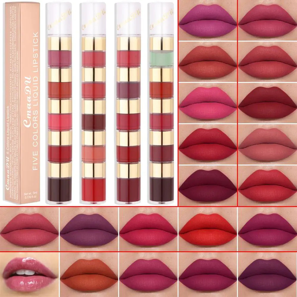 5-Color Matte Lip Glaze Set - Non-Stick Formula